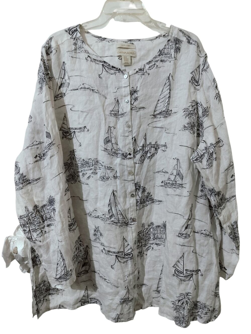 5862( Cynthia Rowley Linen Nautical Print Button Down Tunic Top Plus 3X